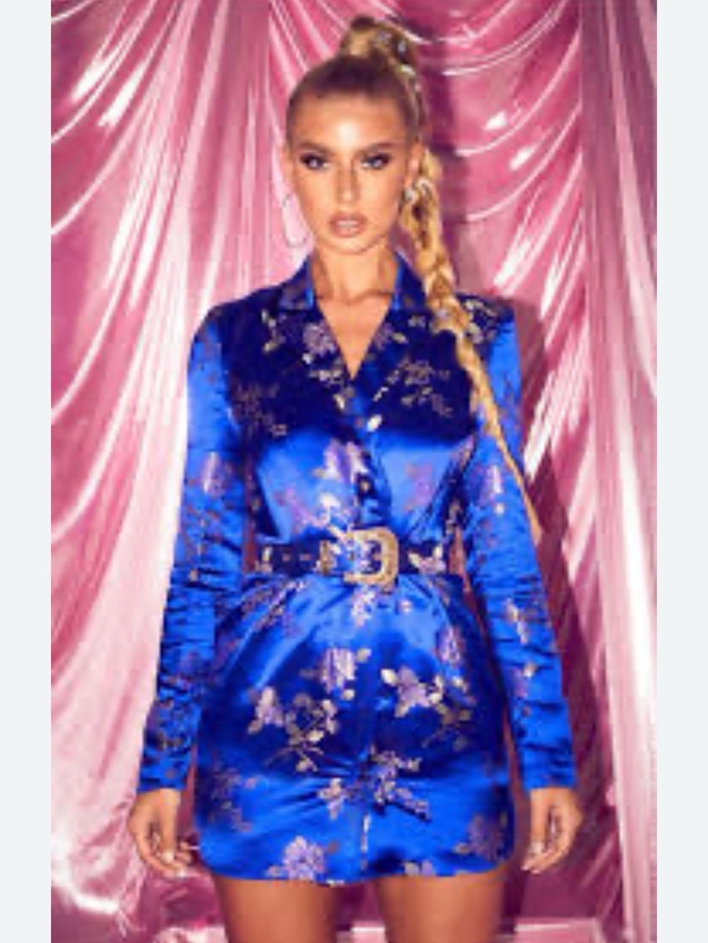PrettyLittleThing Royal Blue Floral Satin Blazer Dress